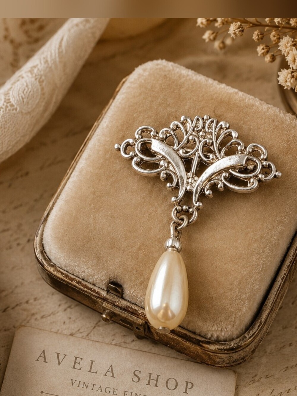 Vintage Silver Tone Filigree Faux Pearl Drop Brooch Pin Victorian Style